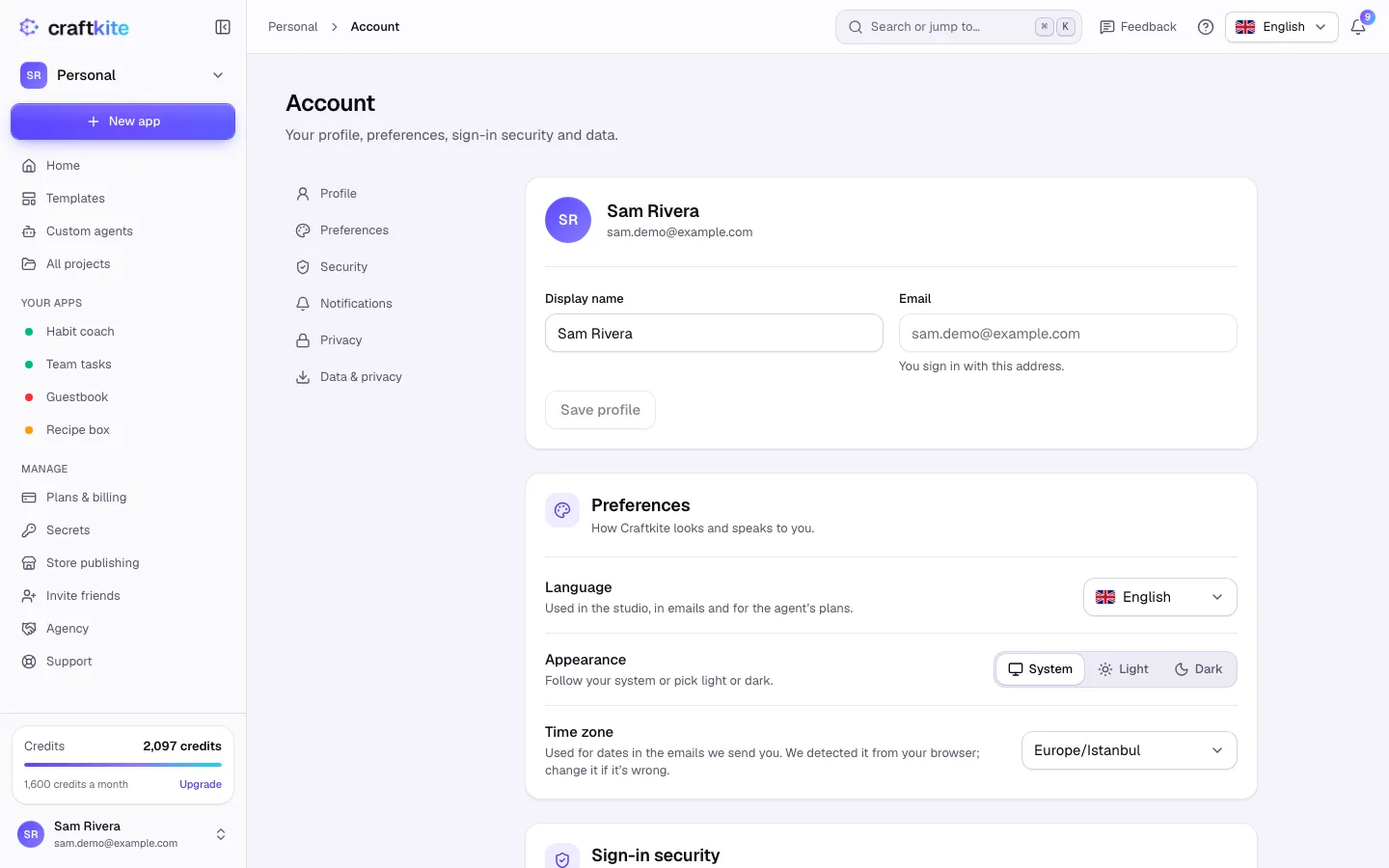 The Security section with two-step sign-in, password and sign-in methods