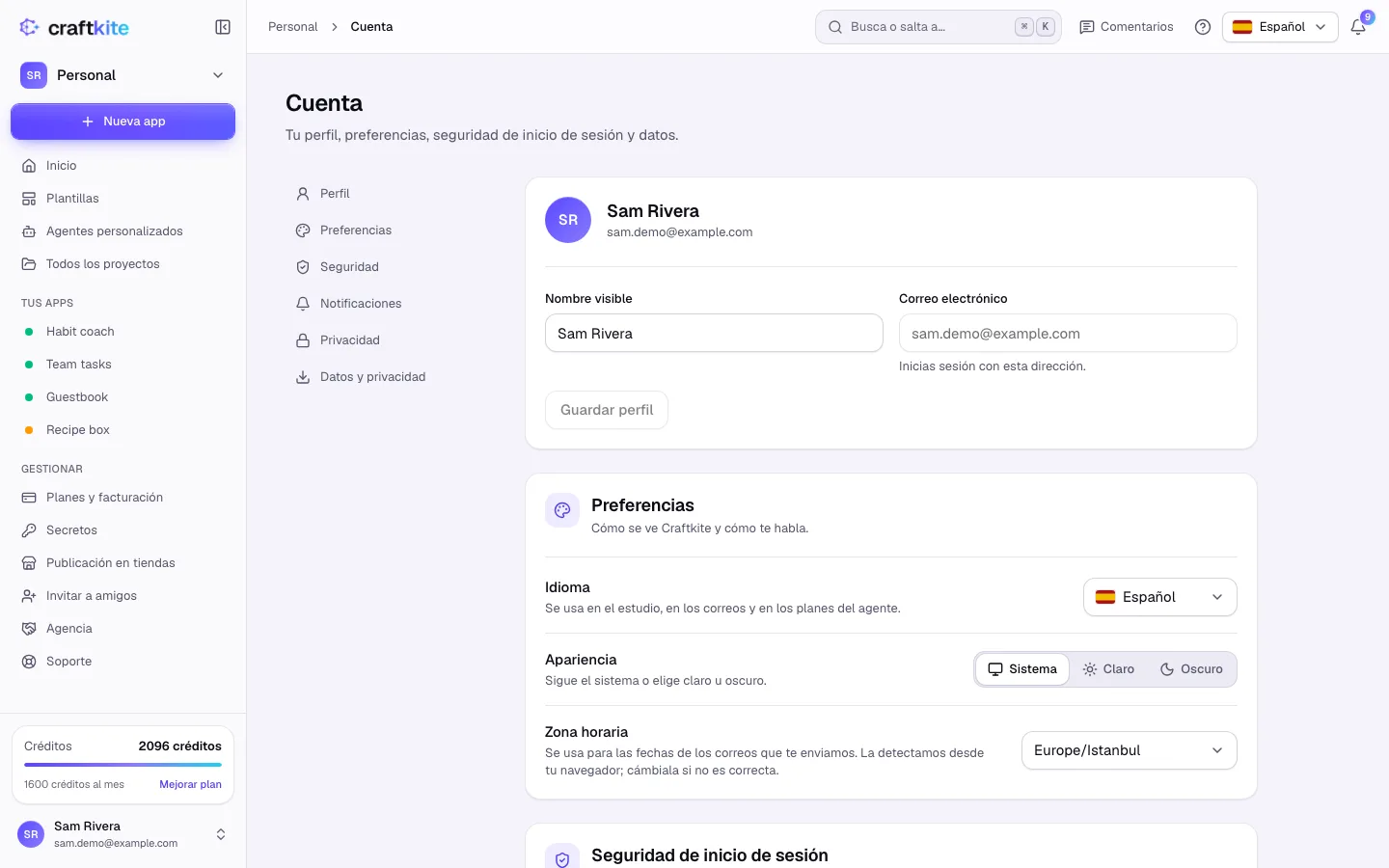 La sección Seguridad con autenticación en dos pasos, contraseña y métodos de inicio de sesión