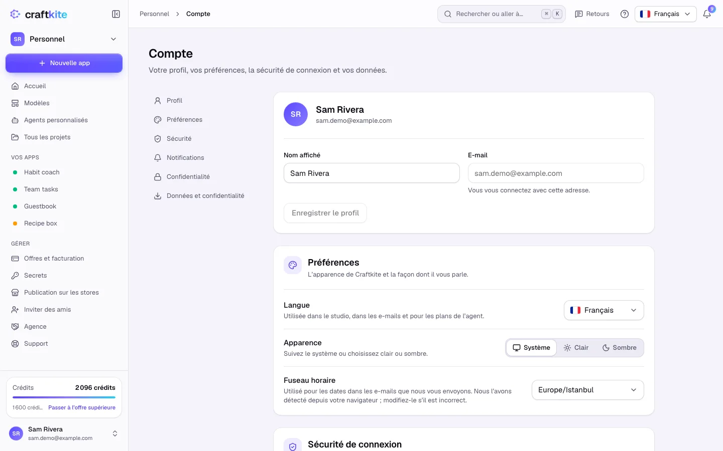La section Sécurité avec l’authentification à deux facteurs, le mot de passe et les méthodes de connexion