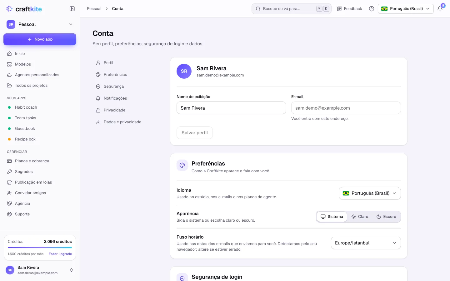 A seção Segurança com autenticação em dois fatores, senha e métodos de login