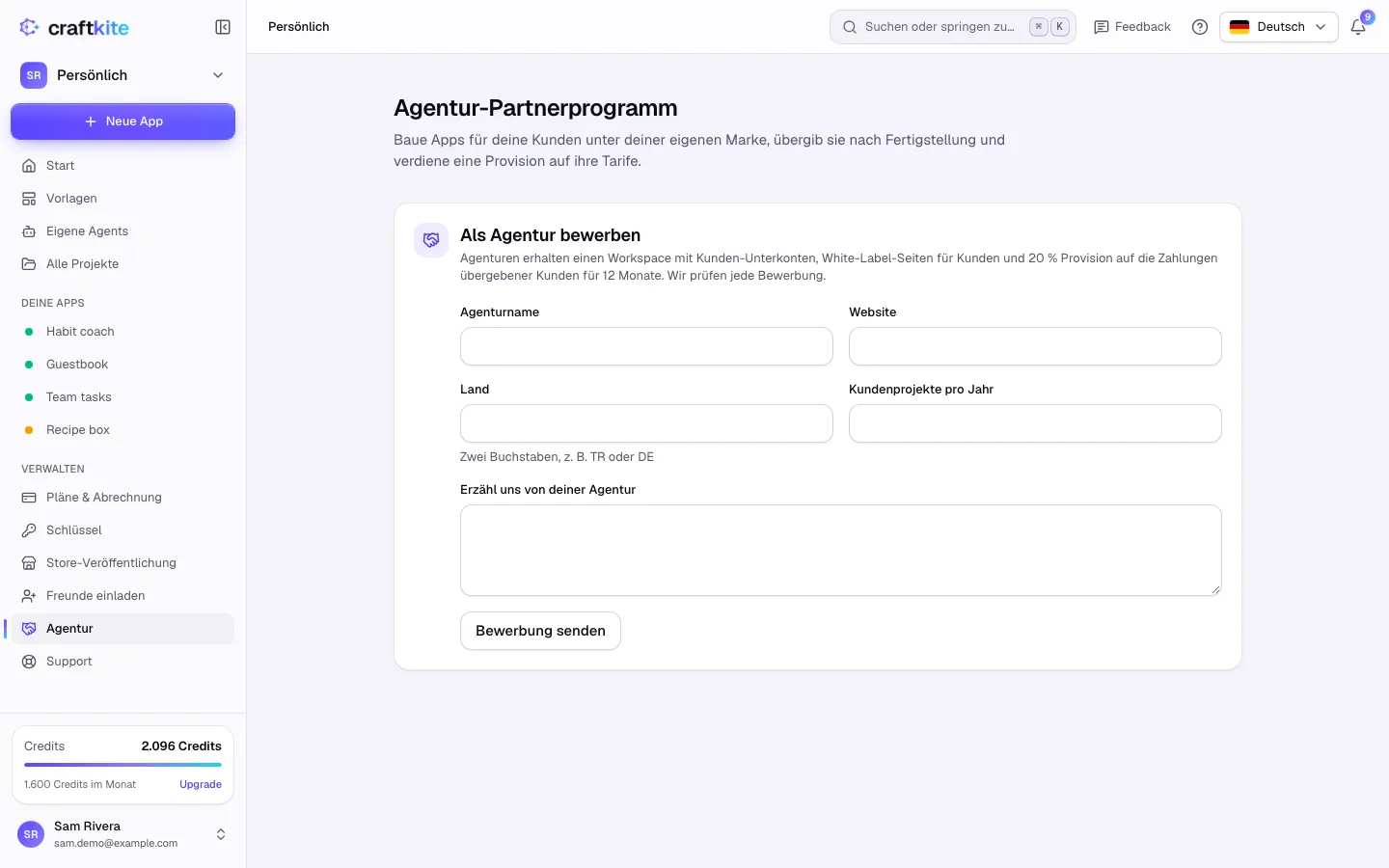 Die Seite „Agentur“ mit dem Bewerbungsformular