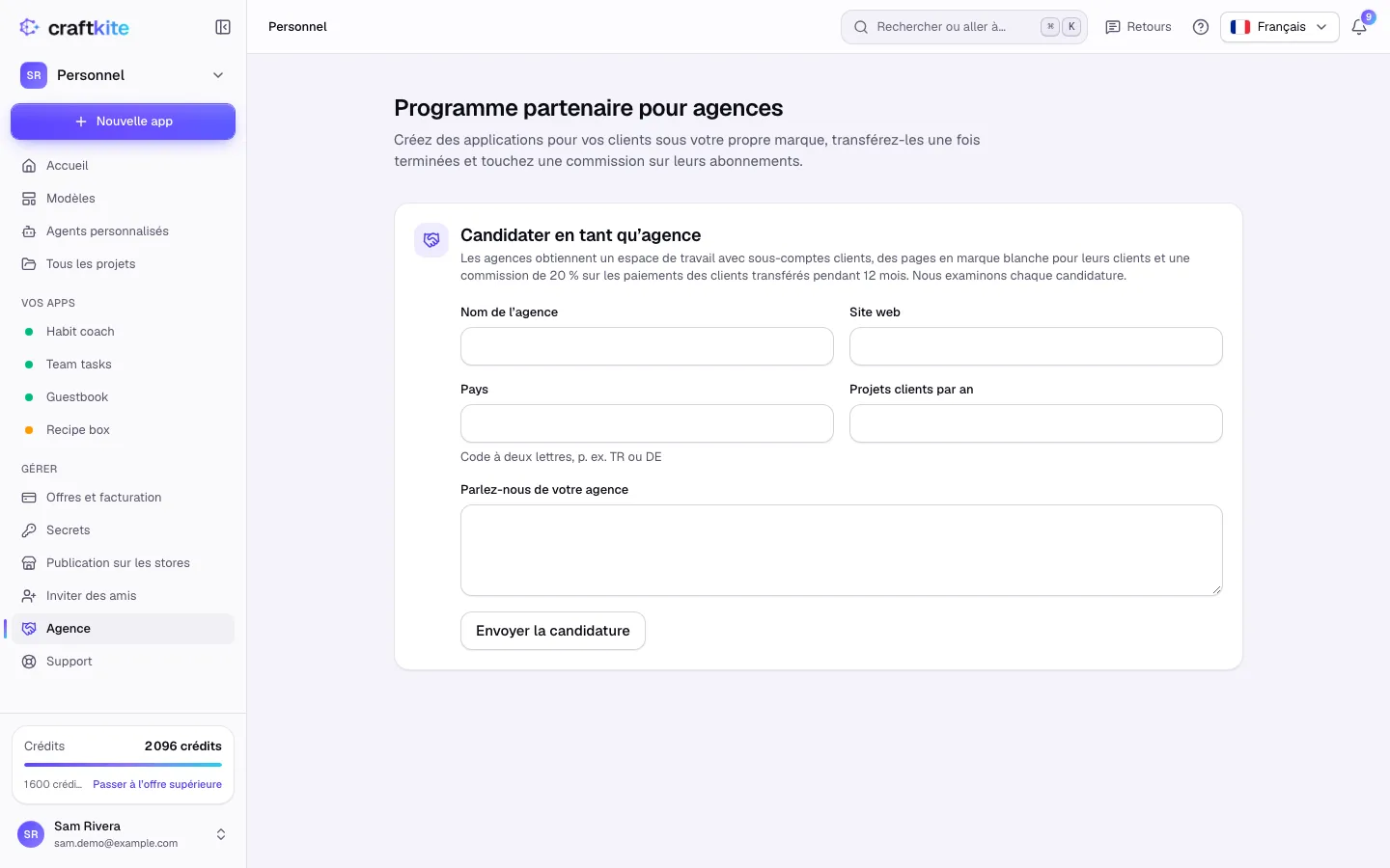 La page Agence avec le formulaire de candidature