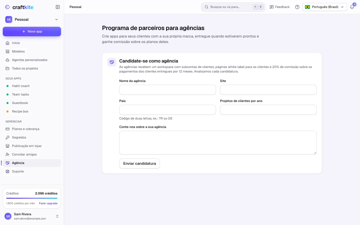 A página Agência com o formulário de candidatura
