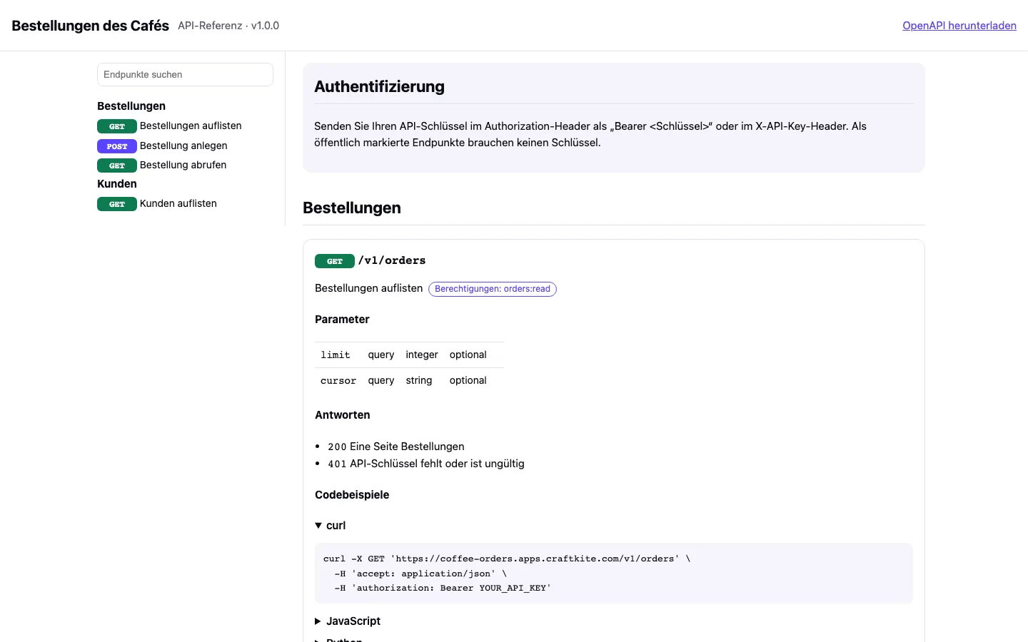 Die API-Referenz unter /docs erklärt, wie Konsumenten ihren Schlüssel senden