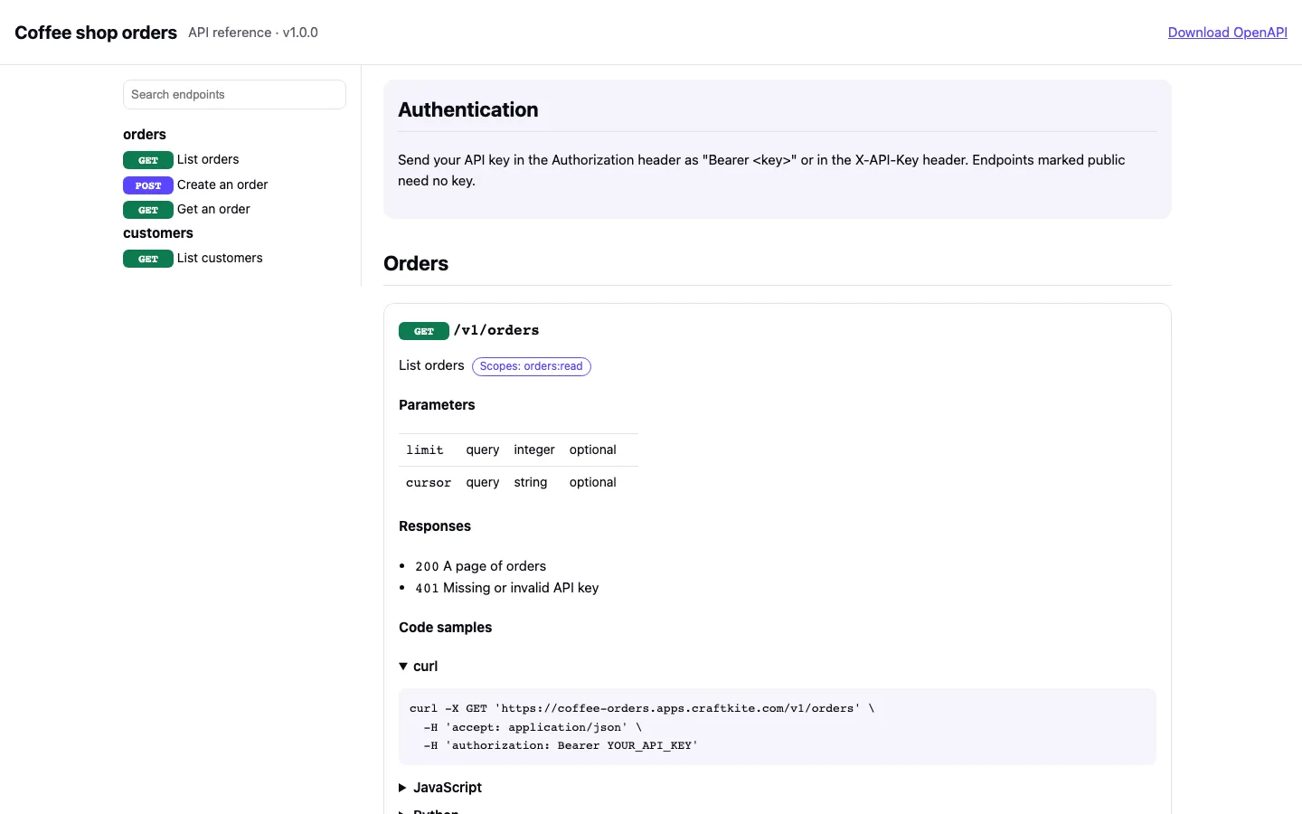The API reference at /docs explains how consumers send their key