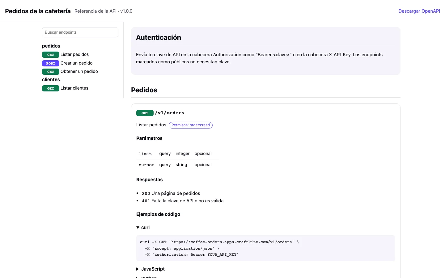La referencia de la API en /docs explica cómo envían su clave los consumidores