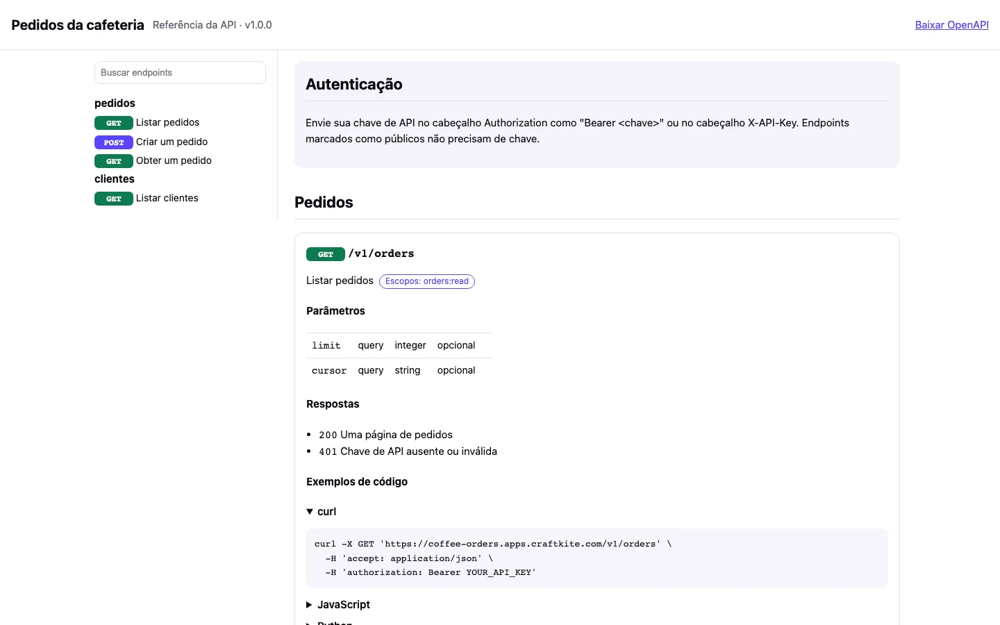 A referência da API em /docs explica como os consumidores enviam a chave
