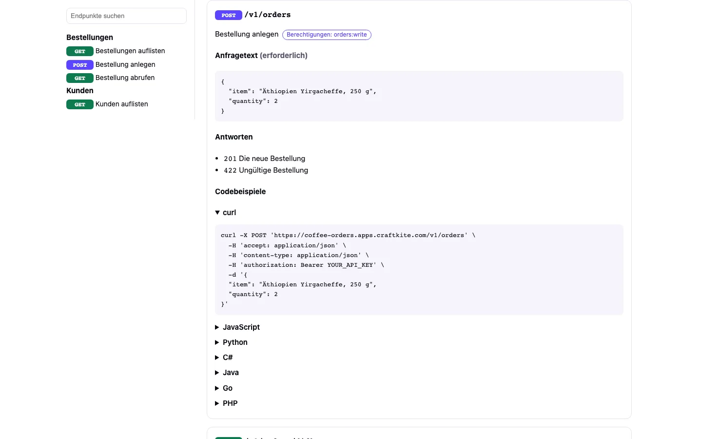 Die API-Referenz einer mit Craftkite erstellten API mit einem Endpunkt und seinen Codebeispielen