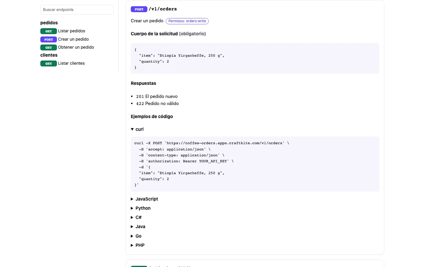 La referencia de una API creada con Craftkite, con un endpoint y sus ejemplos de código