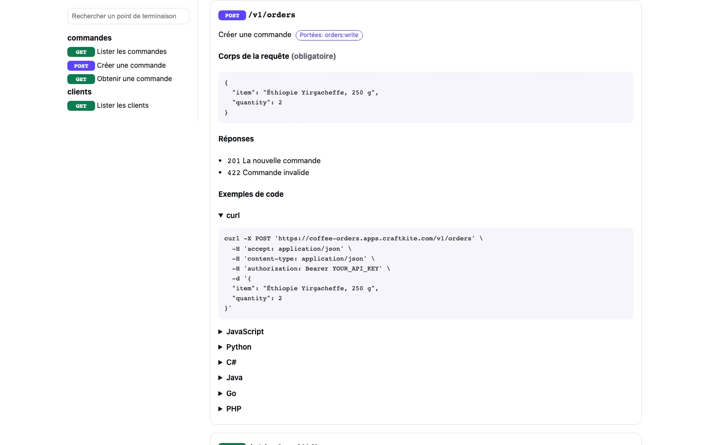 La référence d’une API créée avec Craftkite, avec un point de terminaison et ses exemples de code