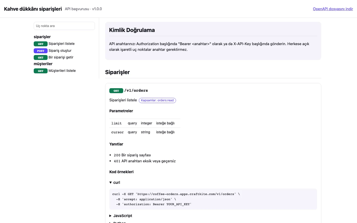 /docs adresindeki API başvurusu, tüketicilerin anahtarlarını nasıl göndereceğini açıklar