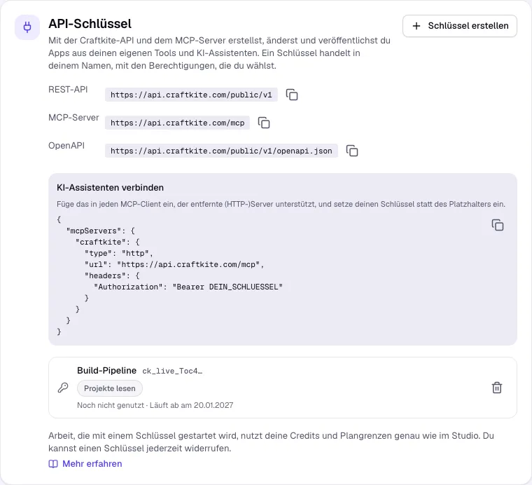 API-Schlüssel im Konto mit den Adressen für REST, MCP und OpenAPI