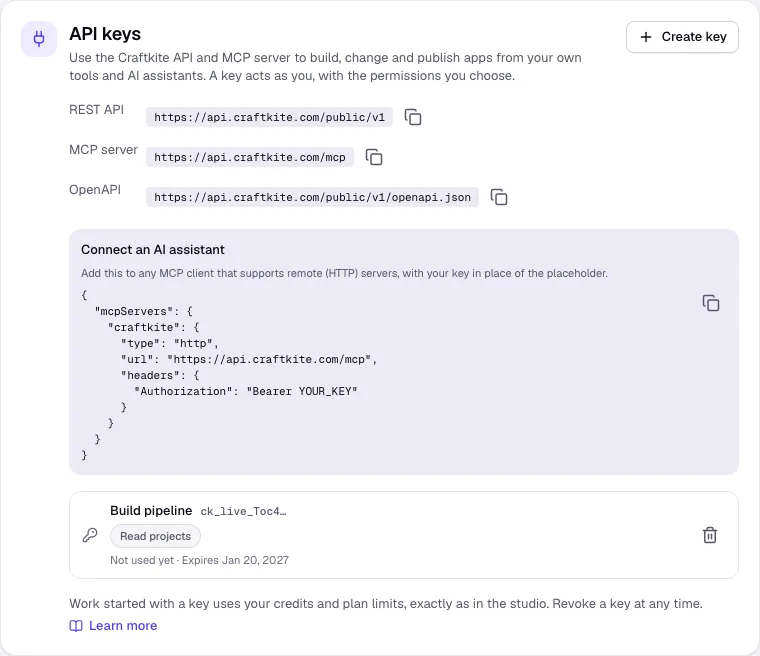 API keys in Account with the REST, MCP and OpenAPI addresses