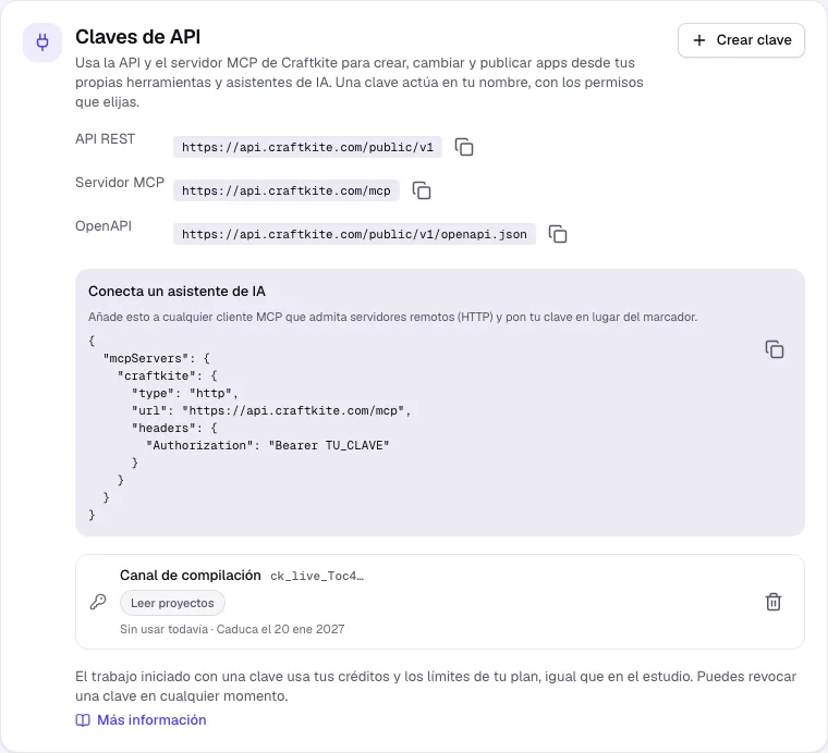 Las claves de API en Cuenta con las direcciones REST, MCP y OpenAPI