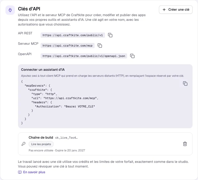 Les clés d’API dans Compte avec les adresses REST, MCP et OpenAPI