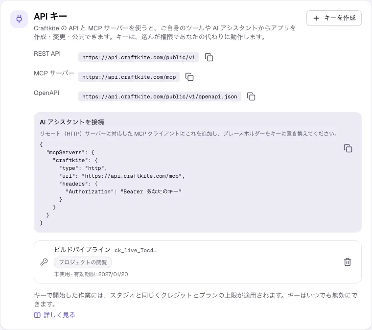REST、MCP、OpenAPI のアドレスを表示したアカウントの API キー