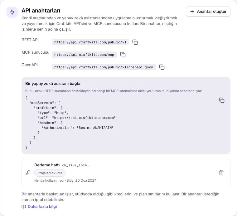 REST, MCP ve OpenAPI adresleriyle Hesap’taki API anahtarları