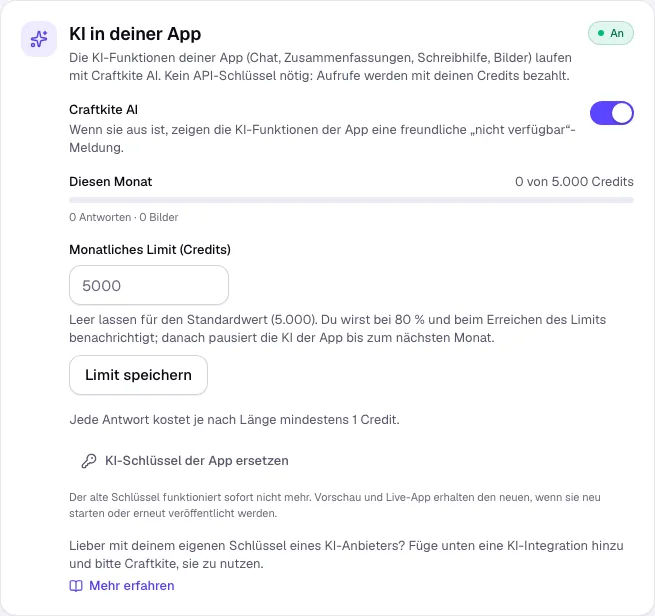 KI in deiner App im Tab Veröffentlichen: Schalter, Nutzung und Monatslimit