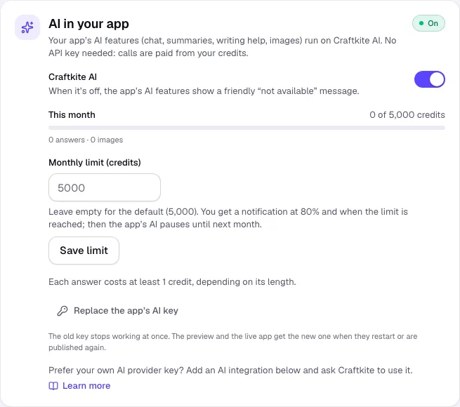AI in your app in the Publish tab: switch, usage and monthly limit