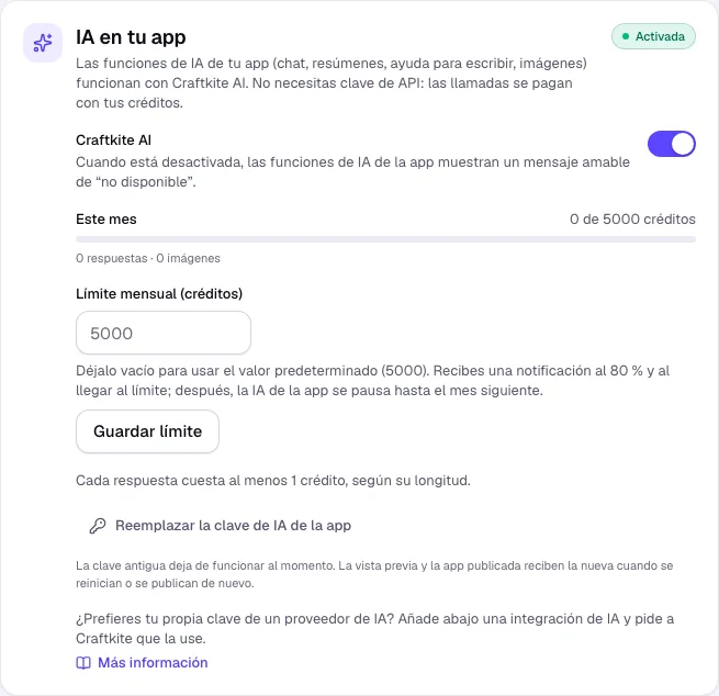 IA en tu app en la pestaña Publicar: interruptor, uso y límite mensual