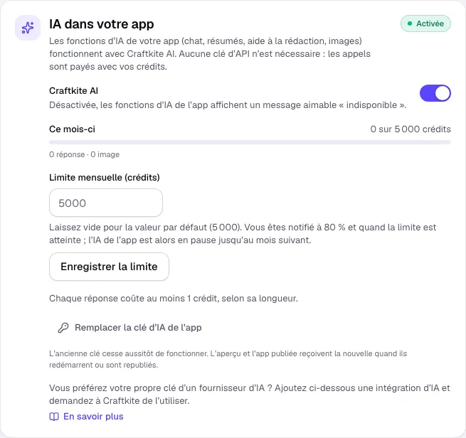 IA dans votre app dans l’onglet Publier : interrupteur, utilisation et limite mensuelle