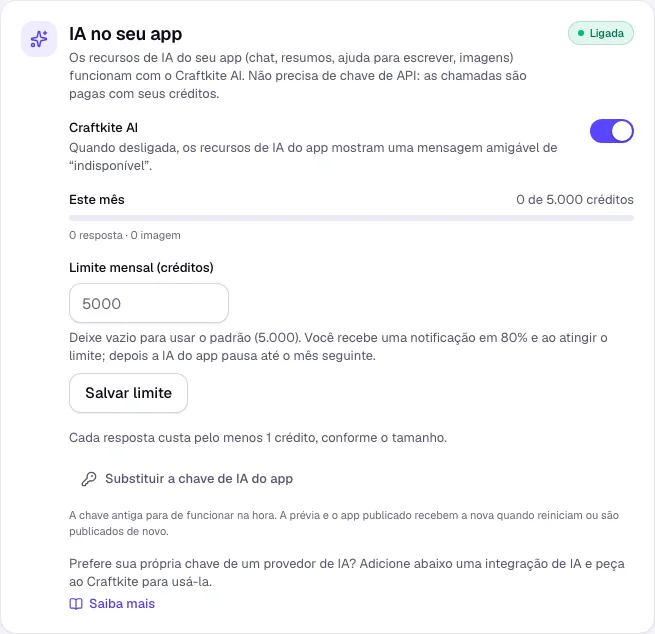IA no seu app na aba Publicar: chave, uso e limite mensal