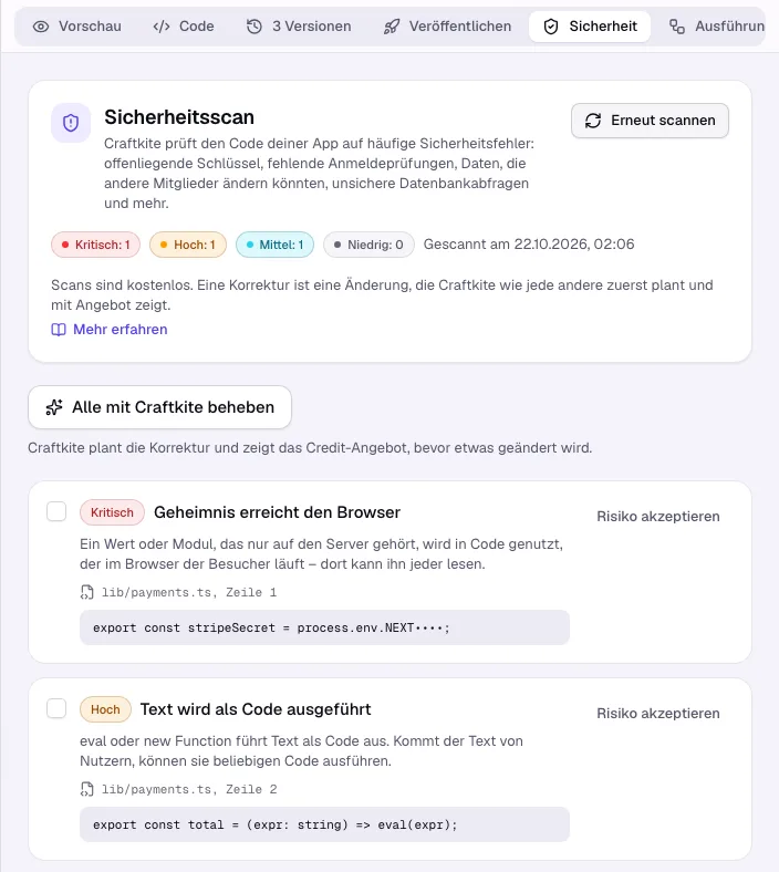 Der Tab Sicherheit mit Befunden nach Schweregrad, Datei und Zeile