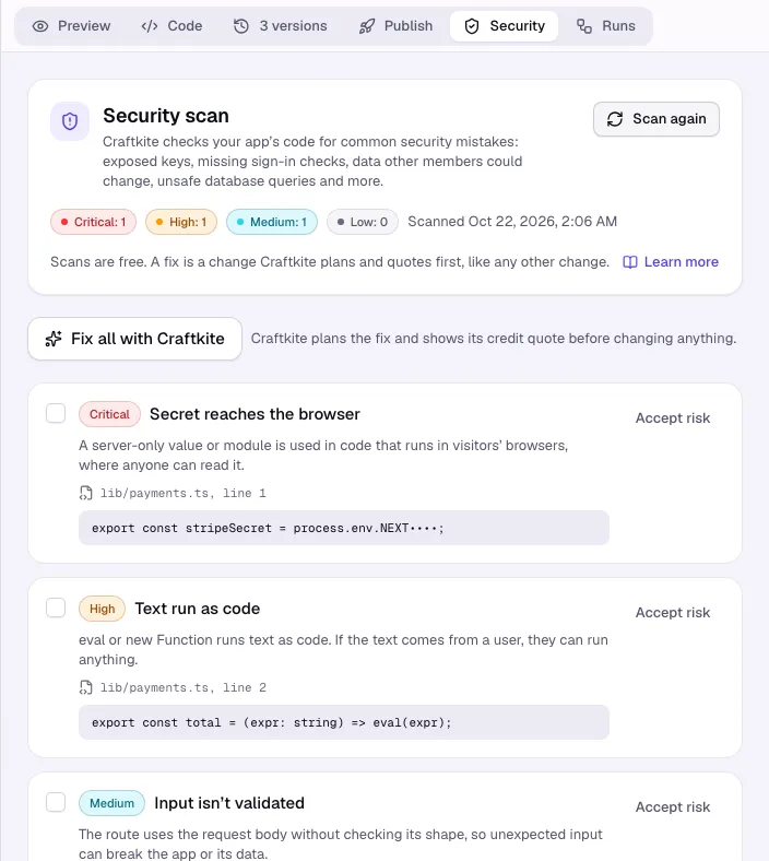 The Security tab with findings by severity, file and line