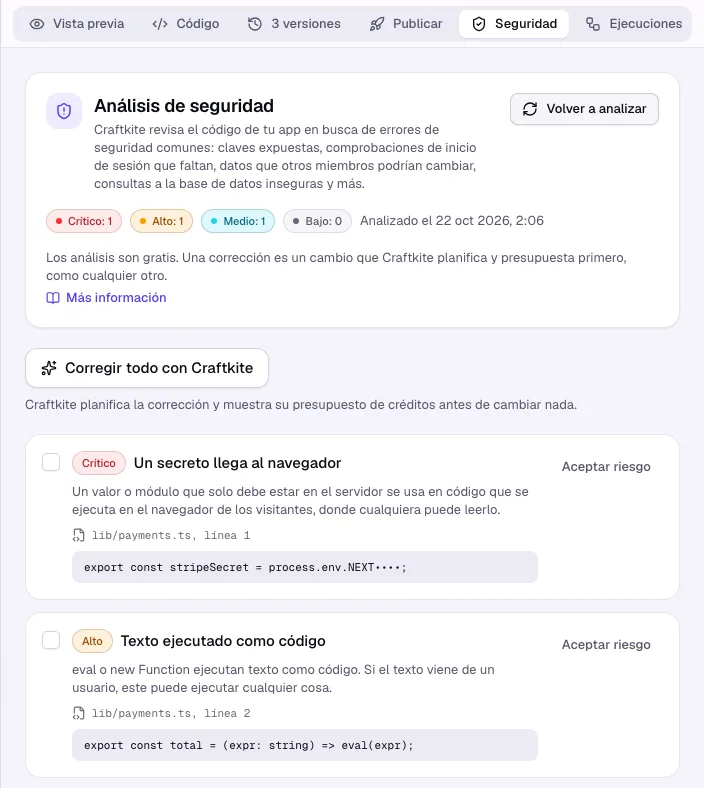 La pestaña Seguridad con hallazgos por gravedad, archivo y línea