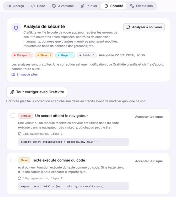 L’onglet Sécurité avec les résultats par gravité, fichier et ligne