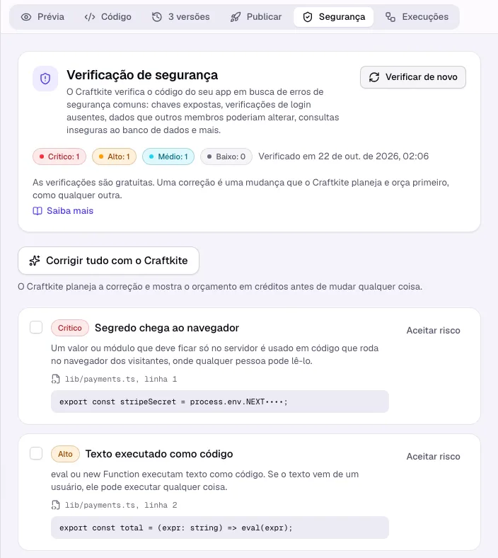 A aba Segurança com achados por gravidade, arquivo e linha