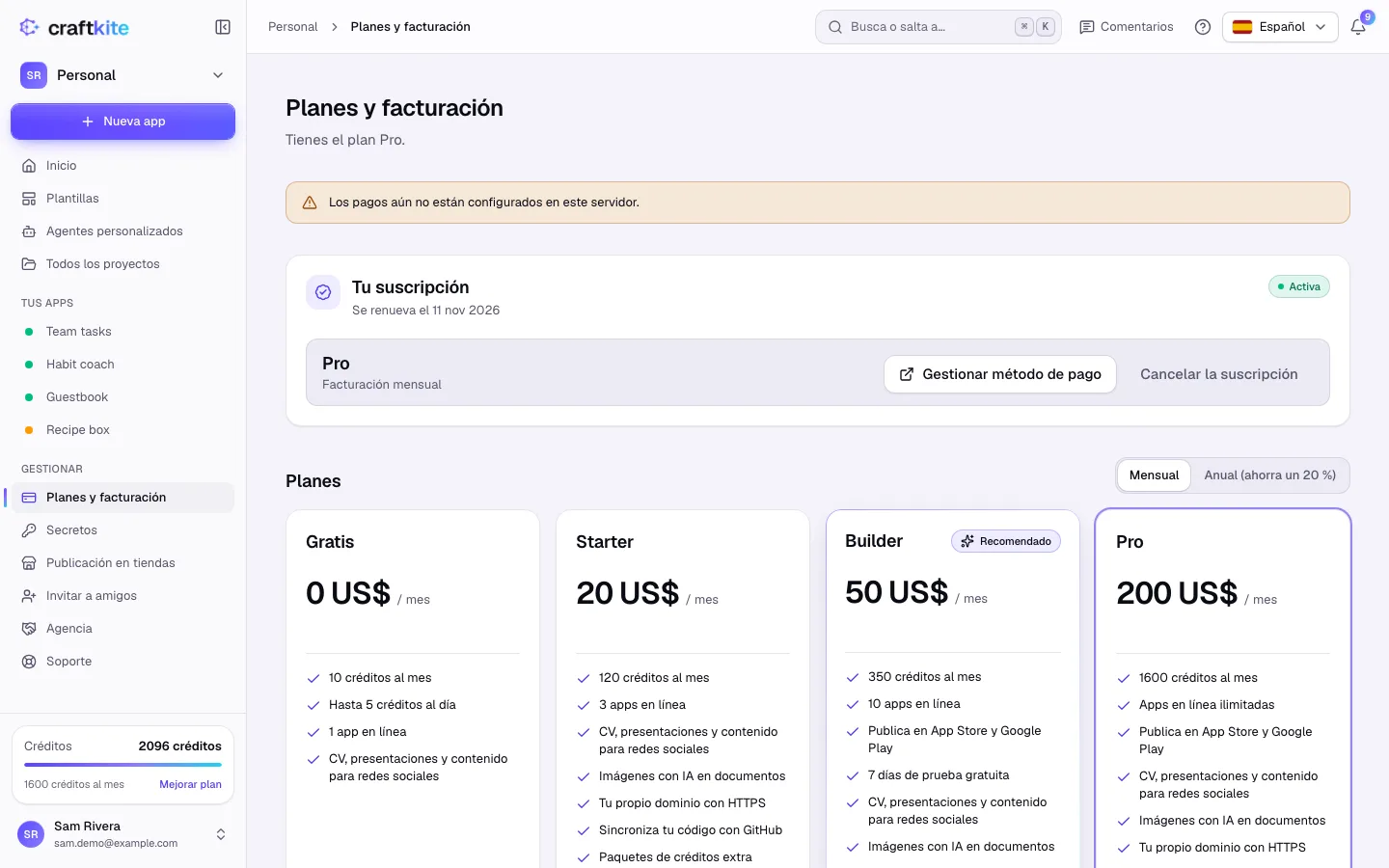 Planes y facturación con la suscripción y las tarjetas de planes