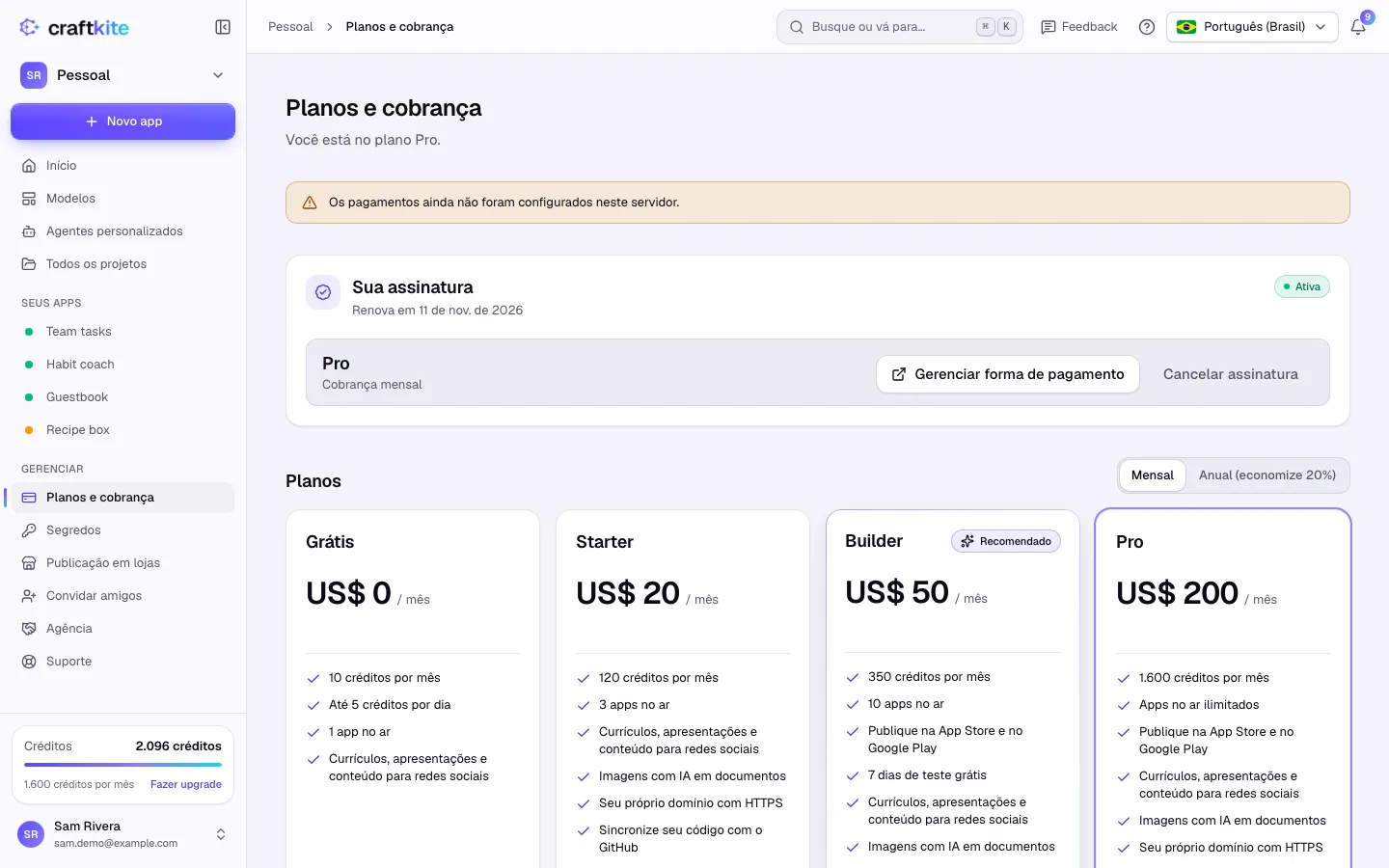 Planos e cobrança com a assinatura e os cartões dos planos
