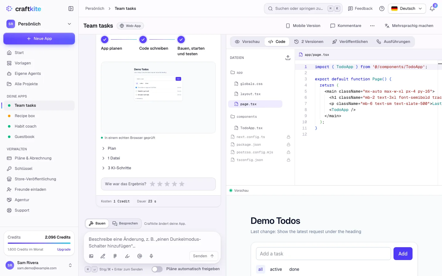 Der Tab „Code“ mit Dateiliste, Editor und laufender Vorschau darunter