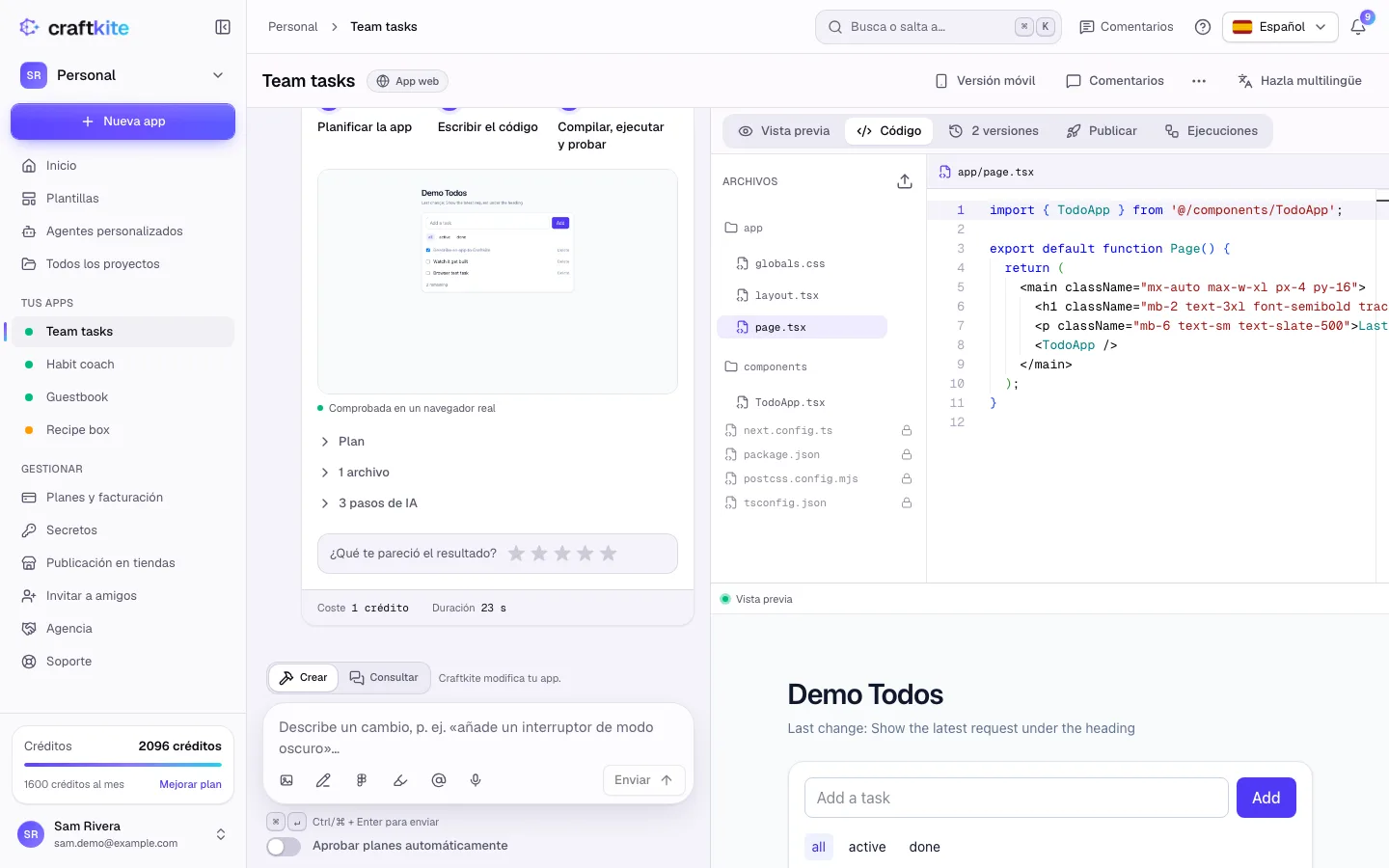 La pestaña Código con la lista de archivos, el editor y la vista previa debajo