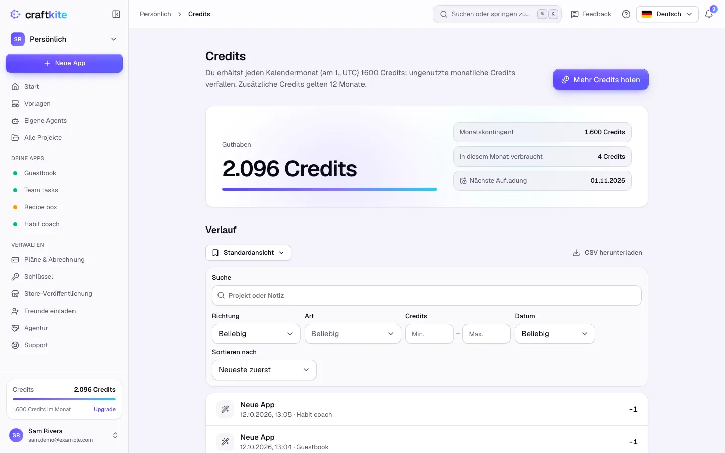 Die Seite „Credits“ mit Guthaben, Monatskontingent und Verlauf