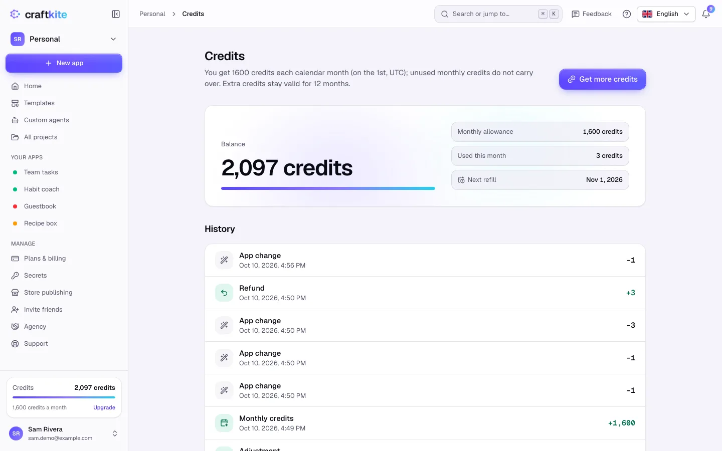 The Credits page with the balance, this month’s allowance and the history