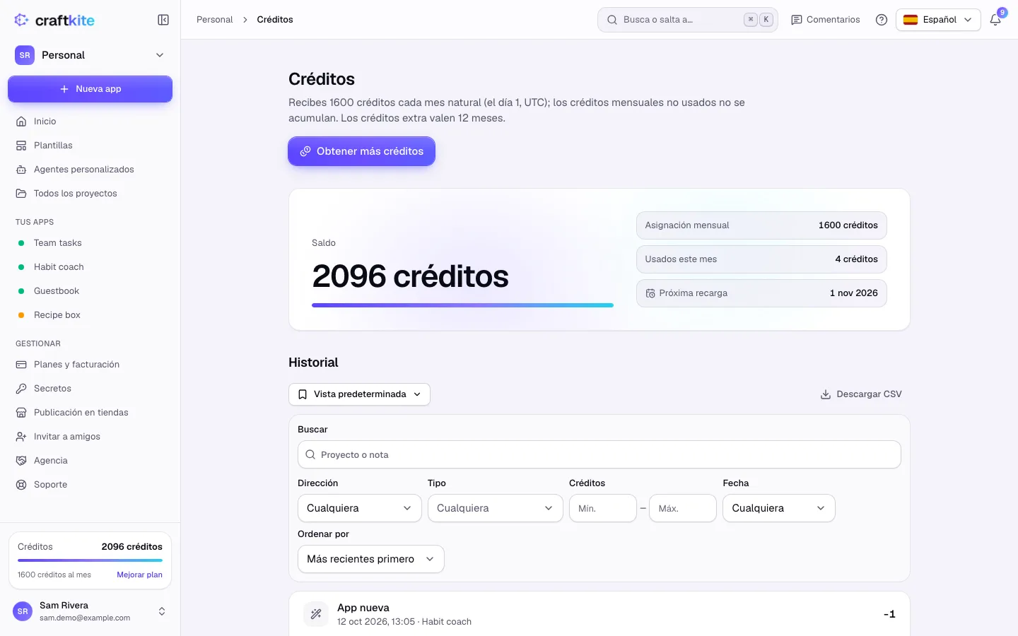 La página Créditos con el saldo, la asignación del mes y el historial