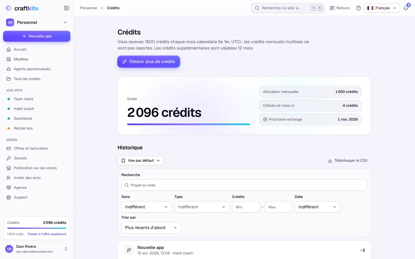 La page Crédits avec le solde, l’allocation du mois et l’historique