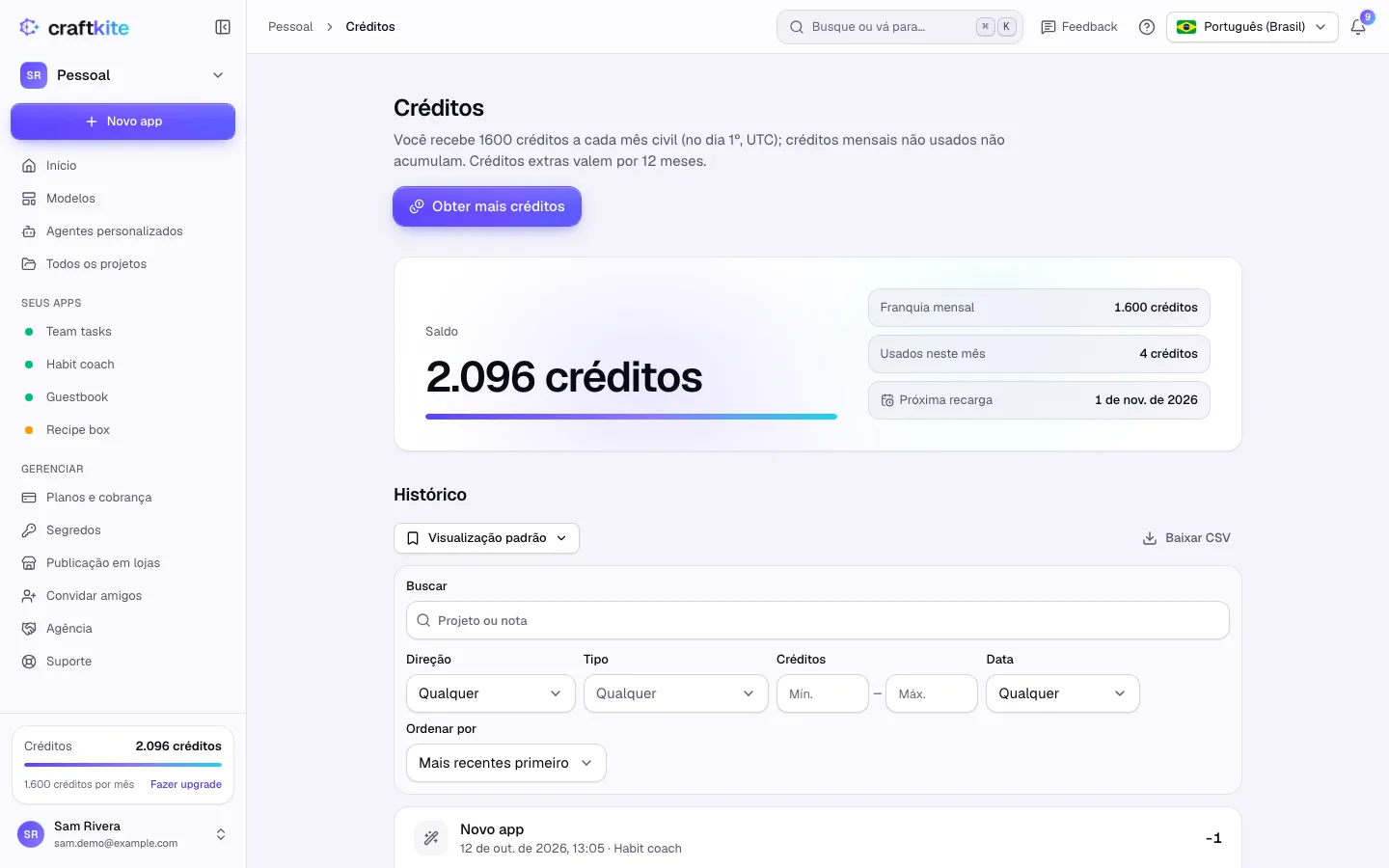 A página Créditos com o saldo, a franquia do mês e o histórico