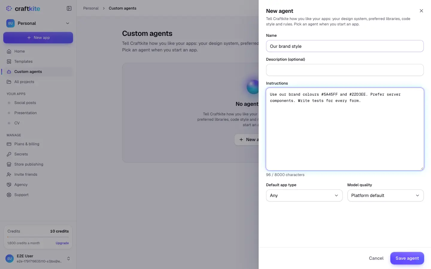 The Custom agents page with an agent’s name, instructions and settings