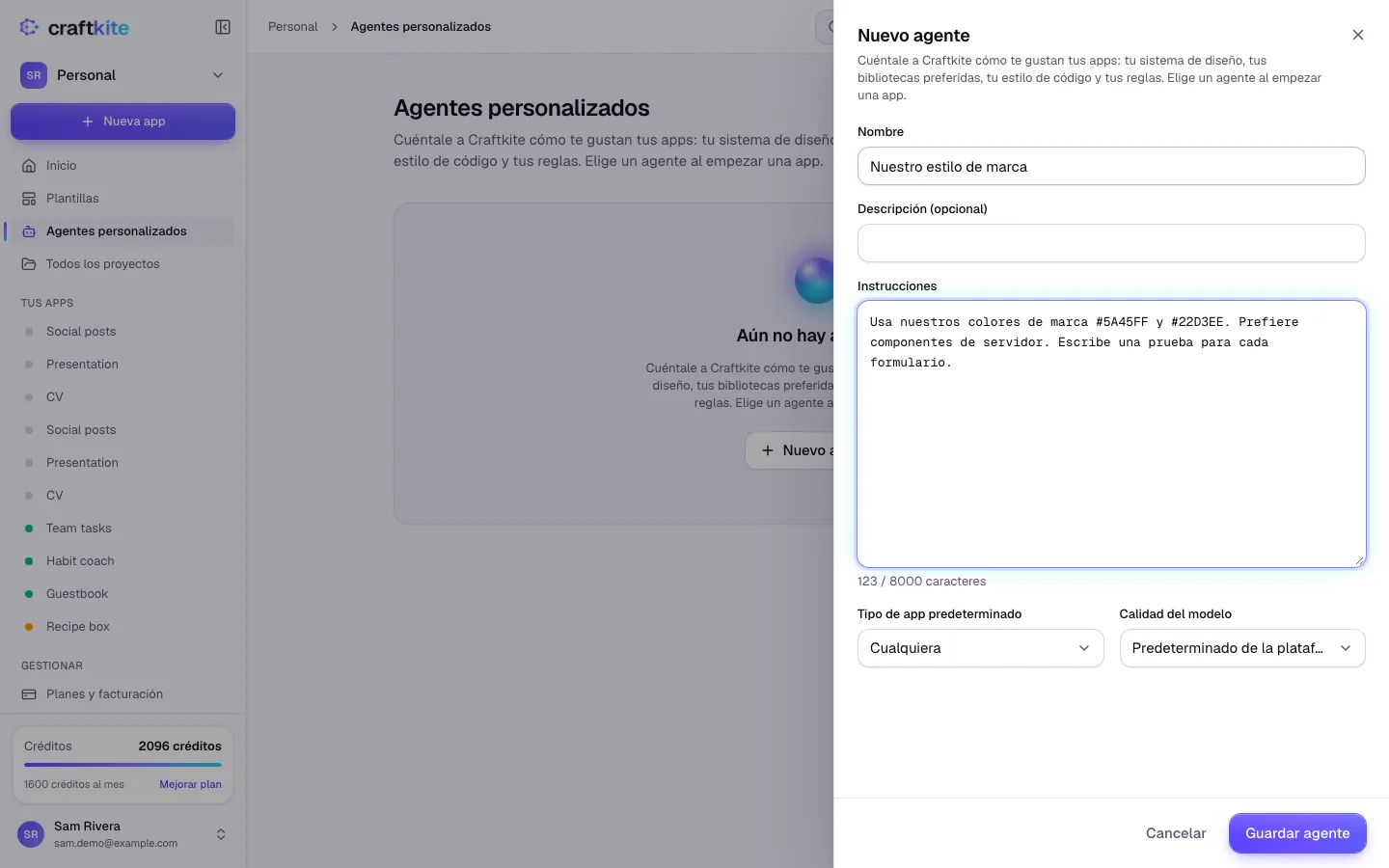 La página Agentes personalizados con el nombre, las instrucciones y los ajustes de un agente