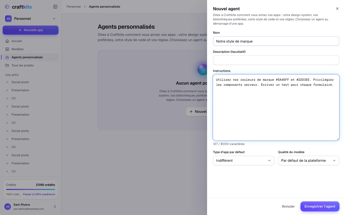 La page Agents personnalisés avec le nom, les instructions et les réglages d’un agent