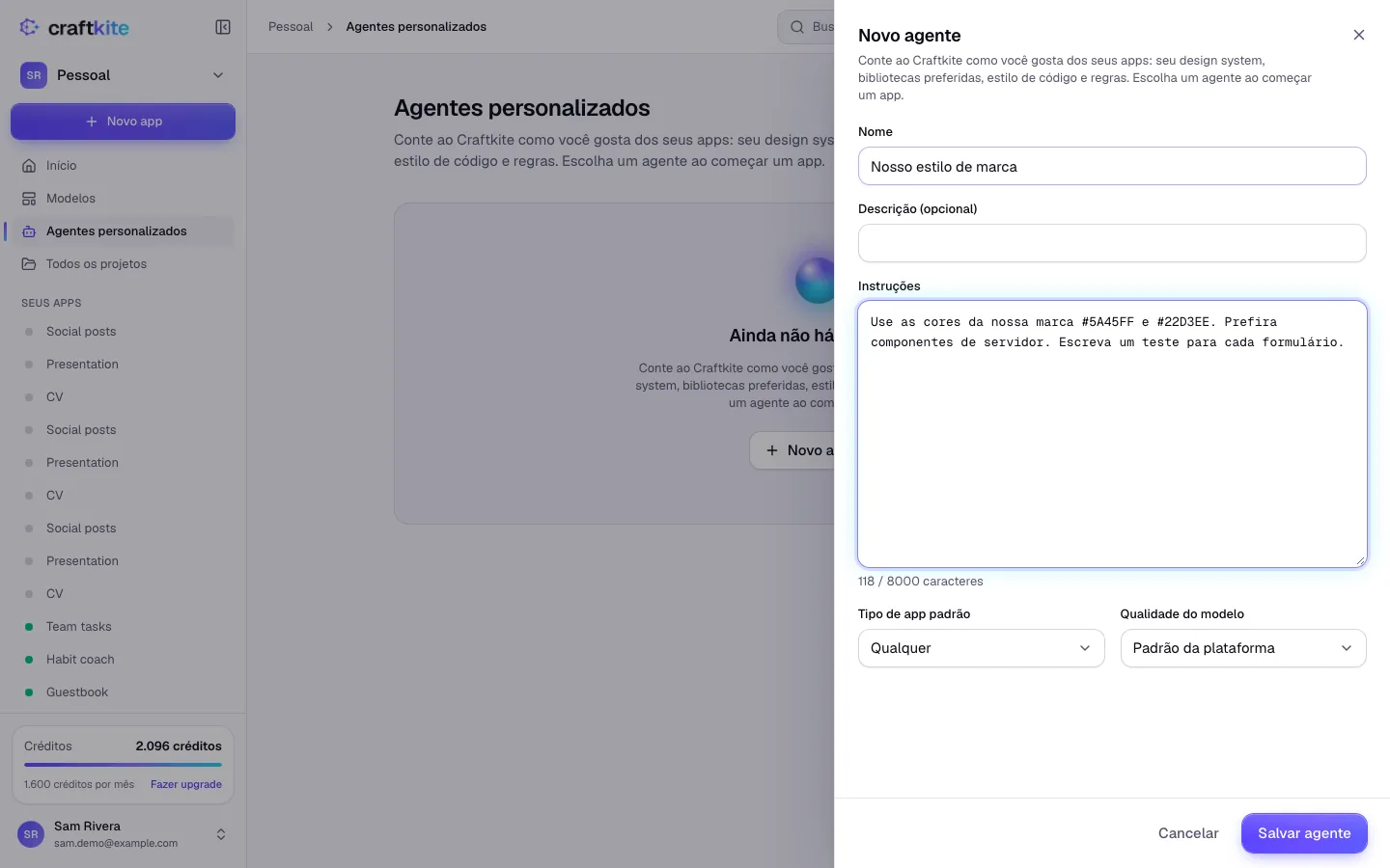 A página Agentes personalizados com nome, instruções e configurações de um agente