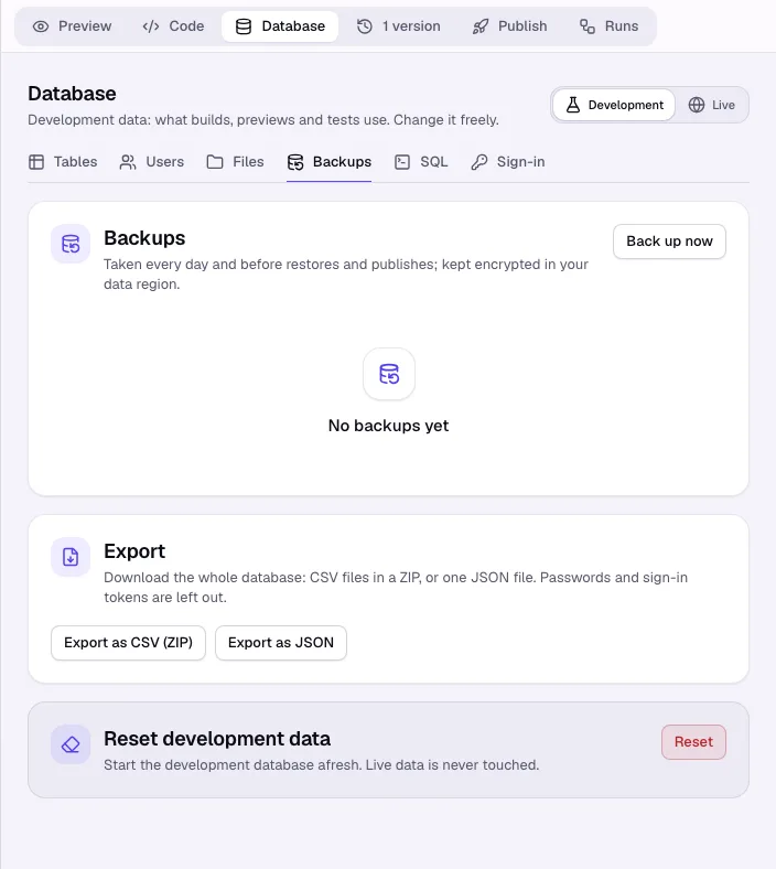 The Backups section with Back up now, the backup list and Export