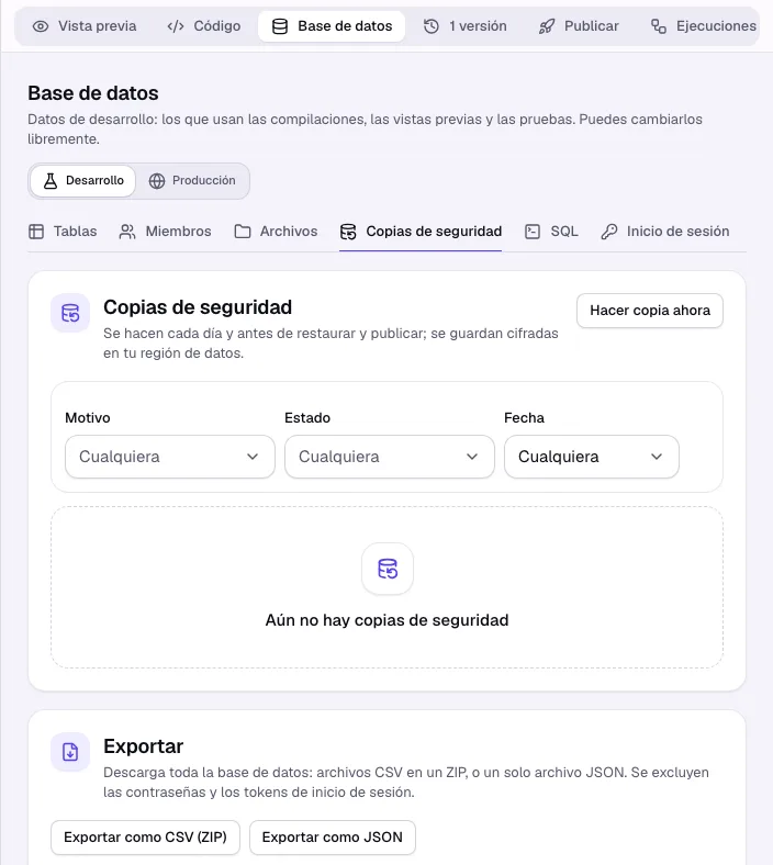 La sección Copias de seguridad con Hacer copia ahora, la lista de copias y Exportar