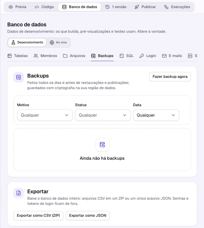 A seção Backups com Fazer backup agora, a lista de backups e Exportar
