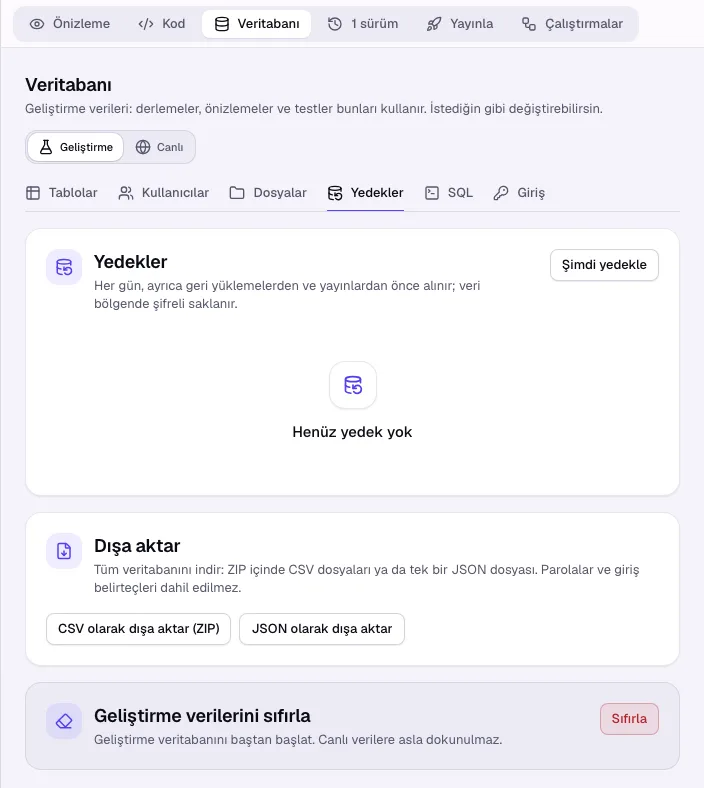 Şimdi yedekle, yedek listesi ve Dışa aktar ile Yedekler bölümü