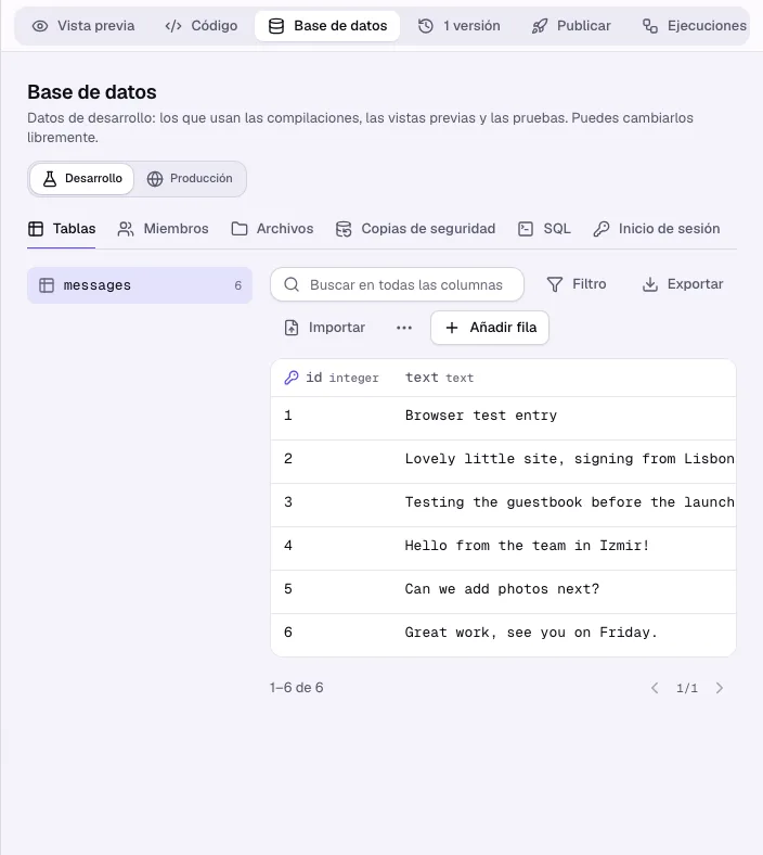 La pestaña Base de datos con la sección Tablas y las filas de una tabla