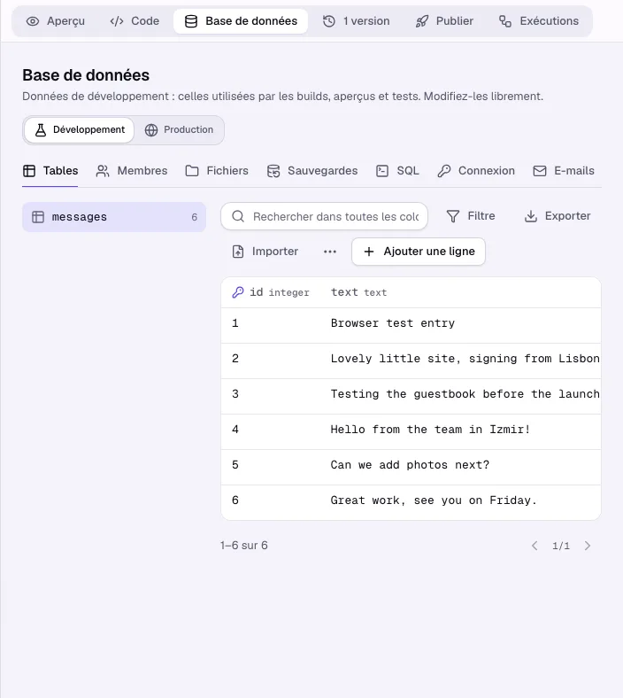 L’onglet Base de données avec la section Tables et les lignes d’une table